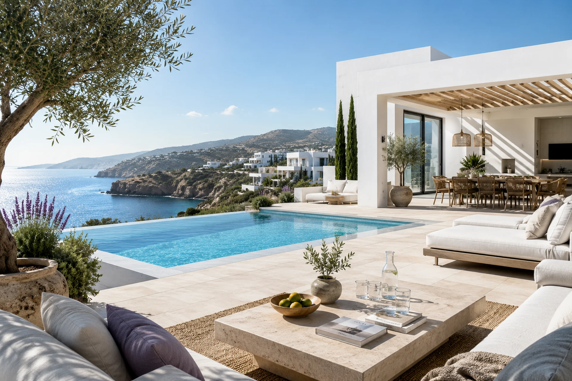 Villa auf Zypern mit Meerblick und Pool in der Abendsonne